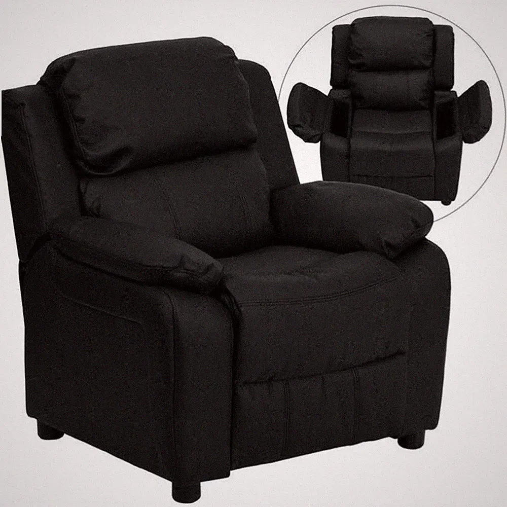 Bowery Hill Contemporary Faux Leather Kids Recliner with Storage Arms in Black