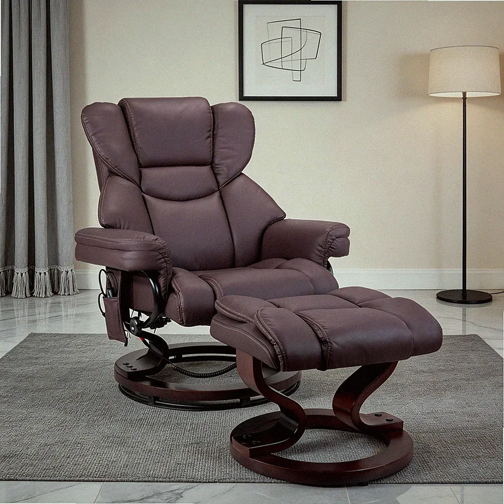 Faux Leather Massage Heated Swivel Recliner Chair for Apartment with Ottoman