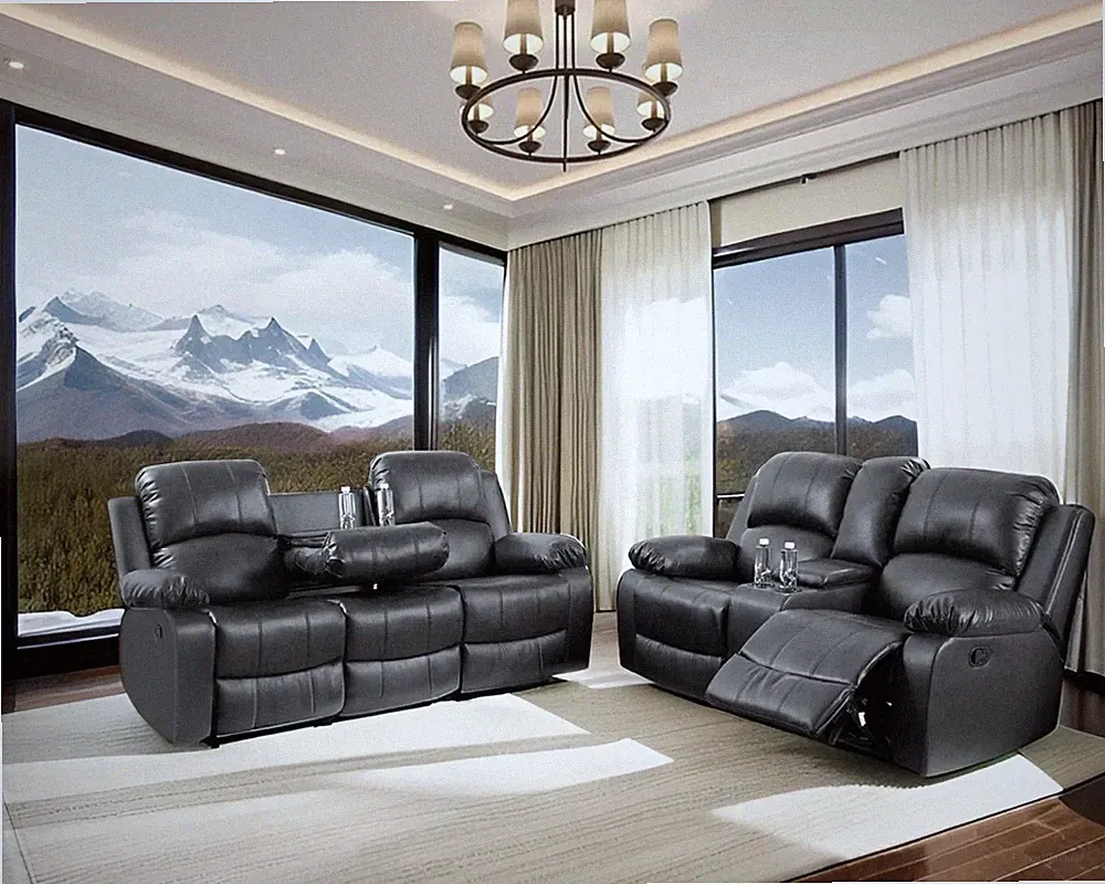 NEW Sofa Loveseat Black Leather Living Room Set 4-Seater Recliner and Cupholders