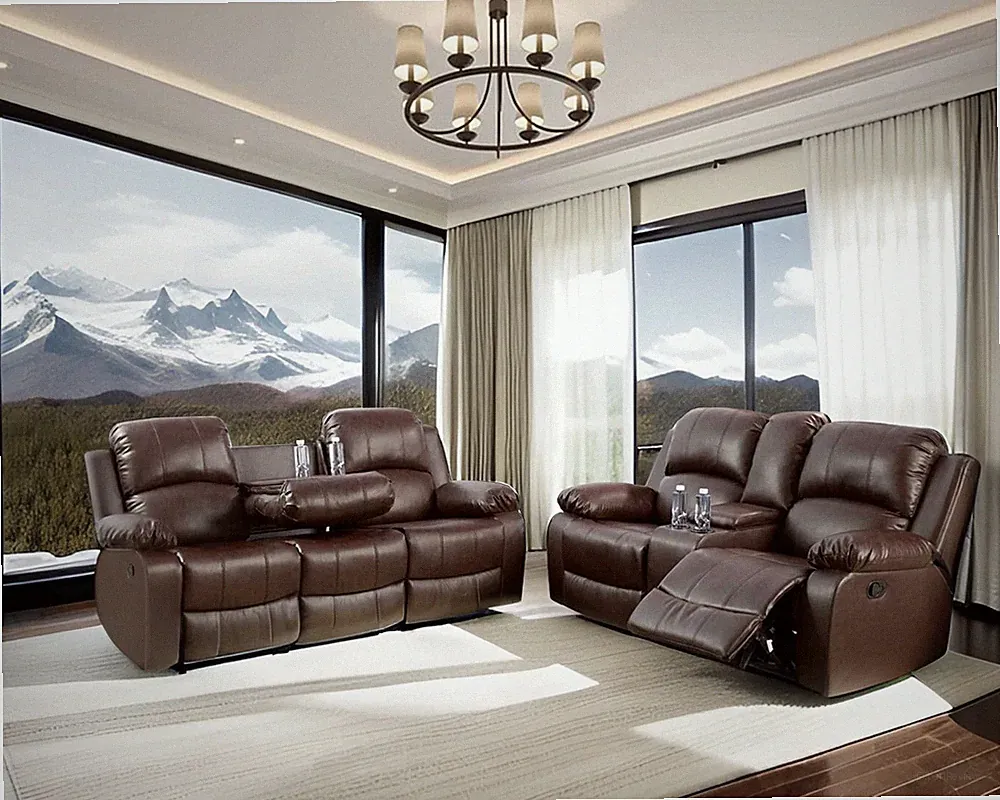 NEW Sofa Loveseat Brown Leather Living Room Set 4-Seater Recliner and Cupholders