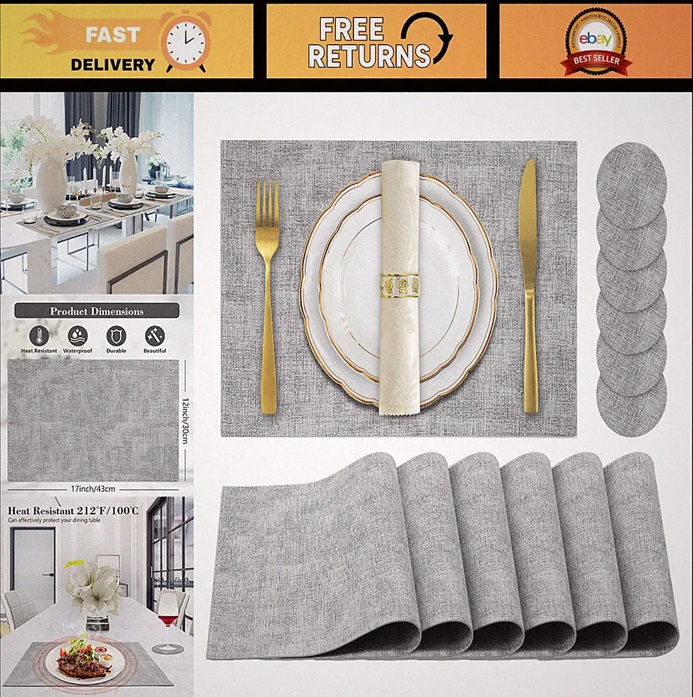 Set of 6 Faux Leather Placemats - Heat Resistant, Waterproof, Easy Clean, Non-Sl